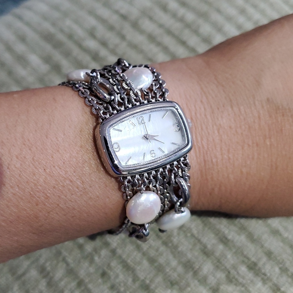 J Jill Silver Tone and White Coin Pearl Multi Chain Bracelet Watch Chunky Classy
